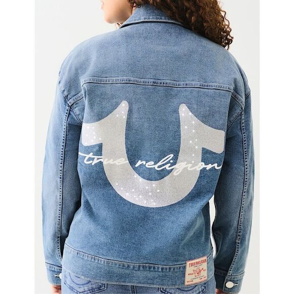 True Religion denim jacket OVERSIZED DENIM METALLIC LOGO JACKET size M NWT - Picture 1 of 12